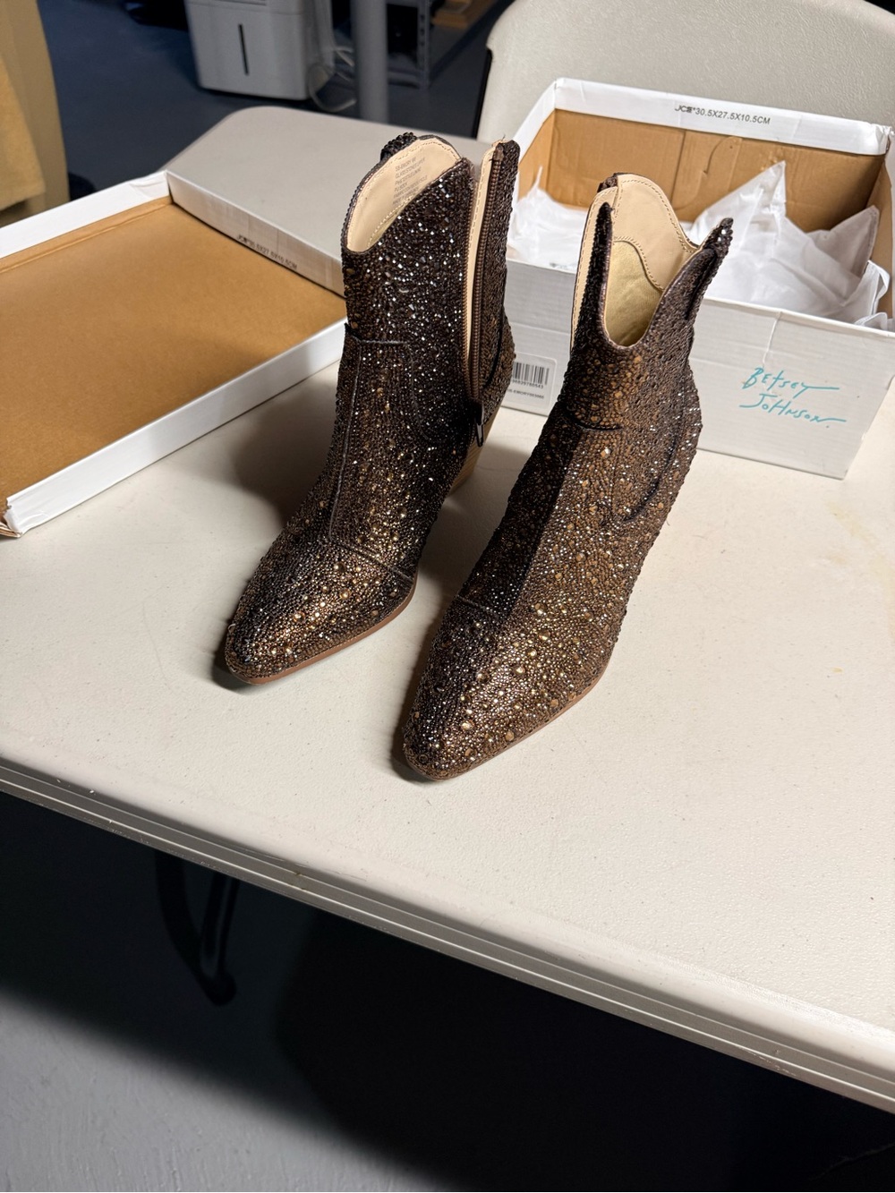 Betsey Johnson Brown Crystal-Embellished Pointed Toe Ankle Boots
